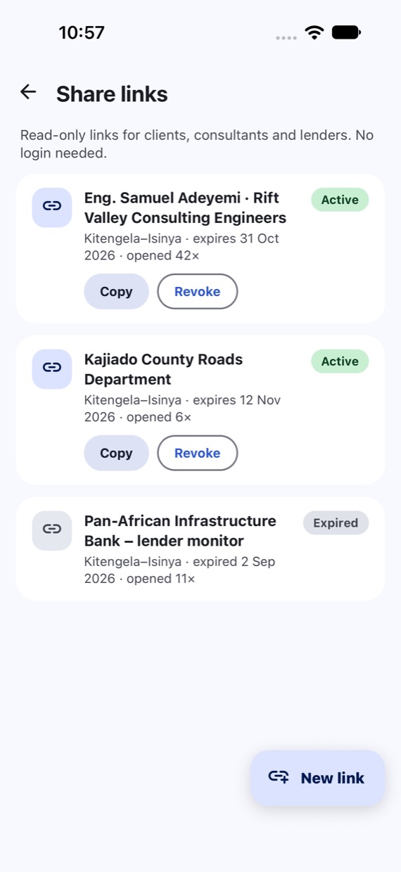 Share links screen with read-only links for consultants and lenders