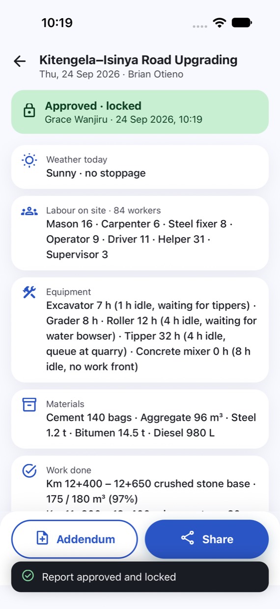 Approved and locked daily report on the project manager's phone